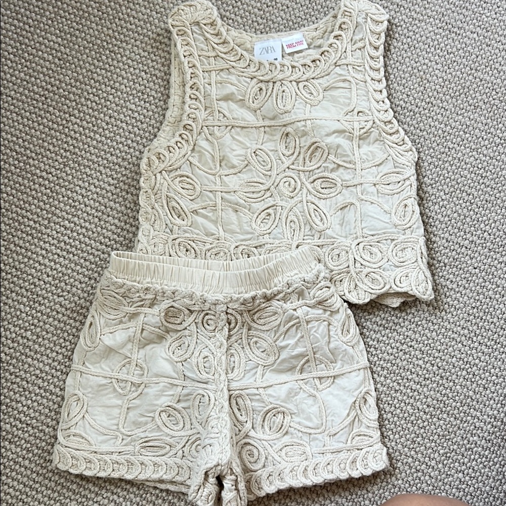 Zara Beige Crochet Top and Shorts Set